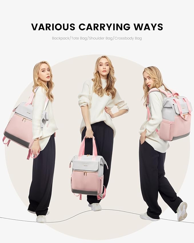 LOVEVOOK 17.3 Inch Laptop Backpack for Women, Large Capacity Travel Backpack with Organizer Bag, Waterproof Carry on Backpack Work Bag with USB Port, Teacher Nurse Backpack Purse, 2PCS, Grey-Pink