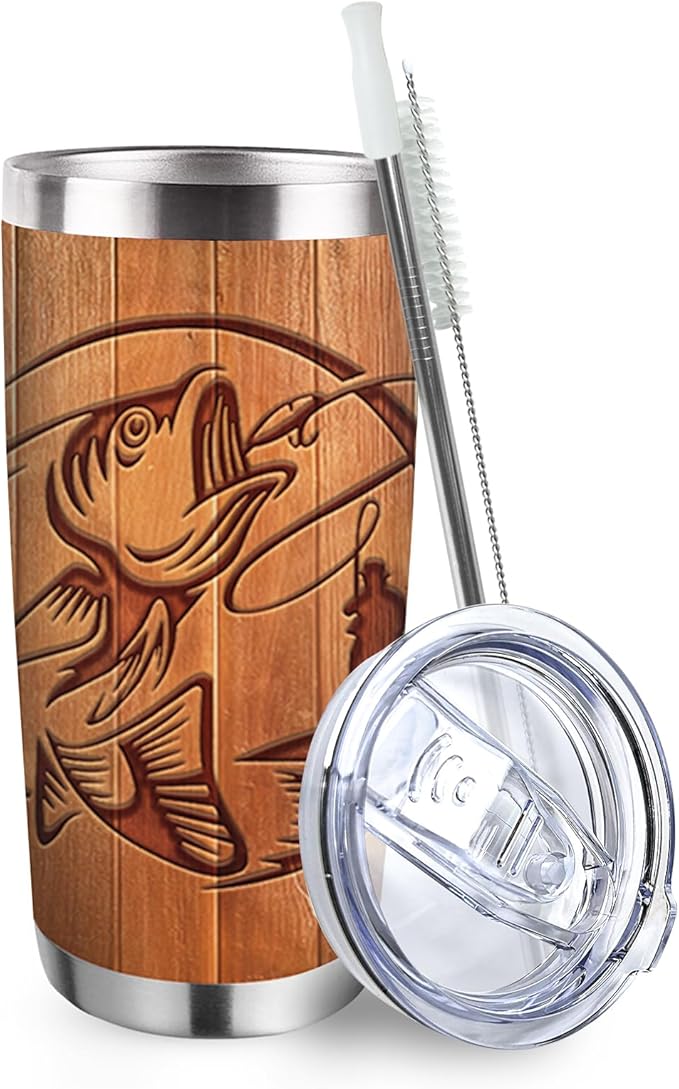 Fishing Gifts for Men Grandpa - Tumbler with Lid and Straw, Funny Fishing Lover Gifts, American Flag Wood Grain Stainless Steel Travel Coffee Cup, 20oz Double Wall Vacuum Insulated Mug