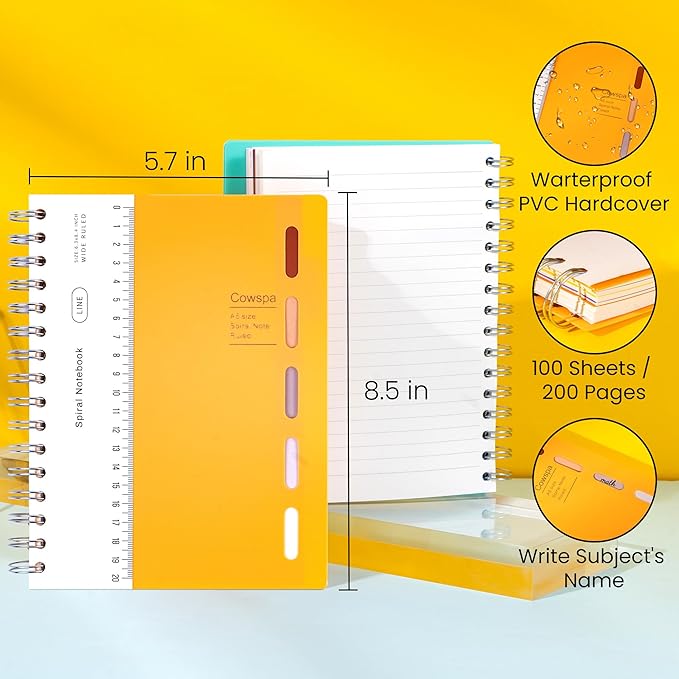 Yoment 2 Pack 5 Subject Notebook Wide Ruled Spiral Notebooks 5x7 with Removable Dividers Tabs, 200 Pages Small Notebooks for Work A5 Spiral Bound Journal for School Office, Blue&Orange