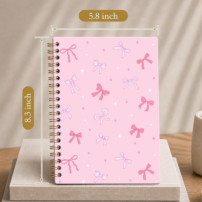 ATJFKIXL Cute Spiral Journal Notebook, A5 120 Page College Ruled Wirebound Notebook, Soft Cover for Students Office Notes and Planning - Pink Bow Sparkle