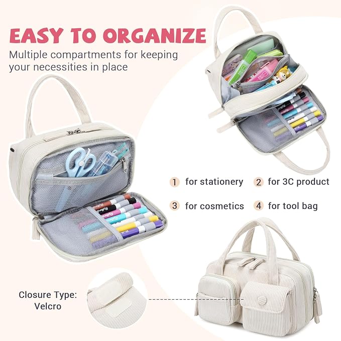 Pencil Case Corduroy Multiple Compartments Pouch Bag for Girl, Off White