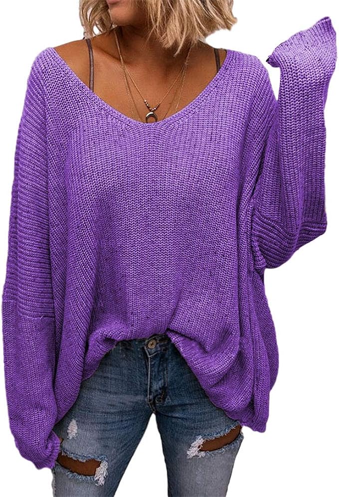 BZB Women's V Neck Long Sleeve Knit Loose Oversized Pullover Sweater Top