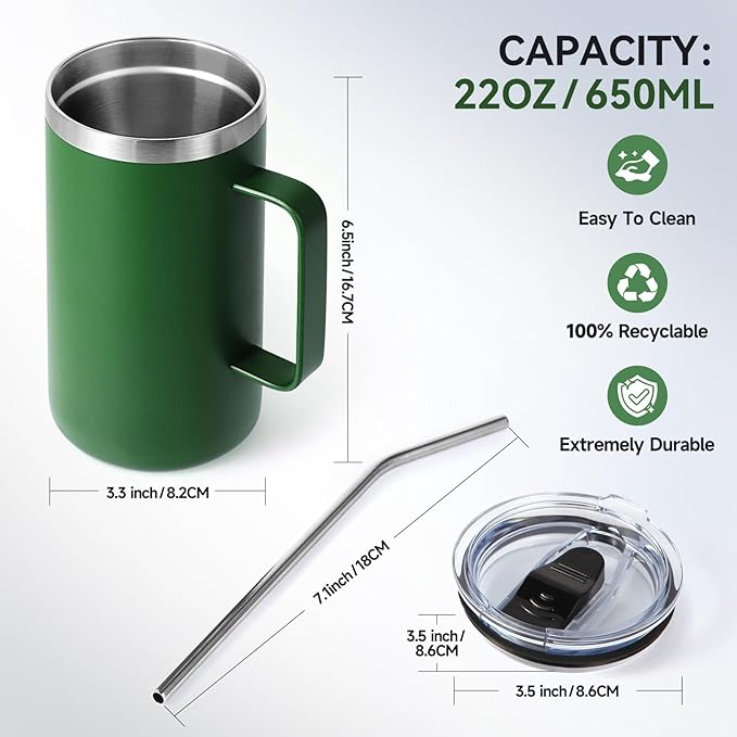 Volhoply 22oz Insulated Stainless Steel Coffee Mugs with Leakproof Lid Bulk 2 Pack,Double Wall Vacuum Travel Coffee Cup with Handle,Reusable Metal Tumbler,Camping Mug Keep Hot&Cold(Assort Color,2)
