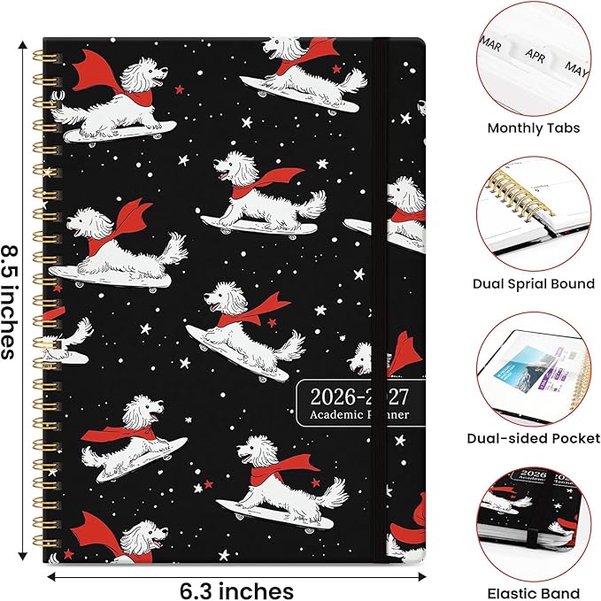 Planner 2026-2027, Academic Planner Weekly and Monthly, Jul 2026 - Jun 2027, Spiral Bound School Planning Tool with Tabs and Pocket, Perfect for Students & Teacher, 6.3" x 8.5", Skate Pup