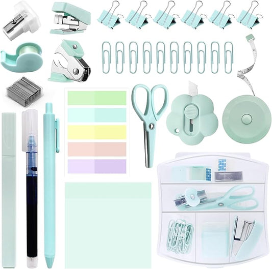 Mini Office Supplies, Teal Stapler with Staples and Tape Dispenser Set, Mini Stationary Kit Includes Sticky Notes Index Tabs Highlighters Gel Pens for Office & School Supplies (Teal)