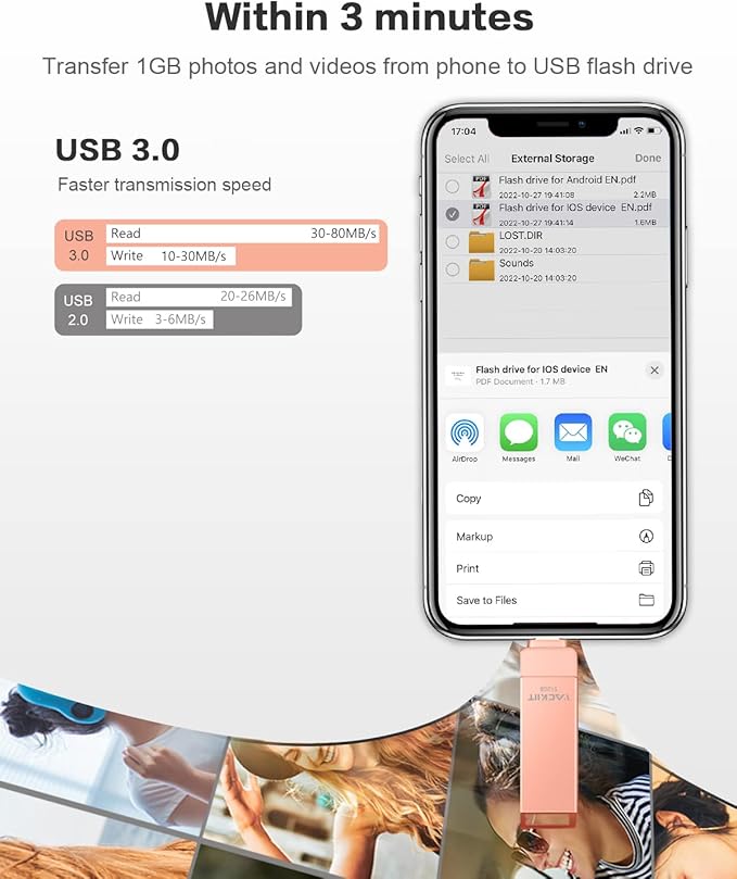 MFi Certified 512GB Flash Drives 3.0 High Speed 3ni1 USB Stick External Storage Compatible for iPhone/PC/iPad/Android/More Devices for Photos and Videos Transfer Storage Backup(Pink)
