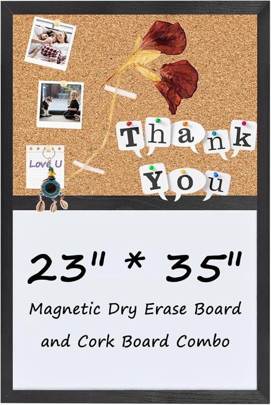 Bulletin Board Whiteboard Cork Board Combo for Office School Kitchen Bedroom, Black Wood Frame,23.6"*35.4",Whiteboard+Cork-6090BK