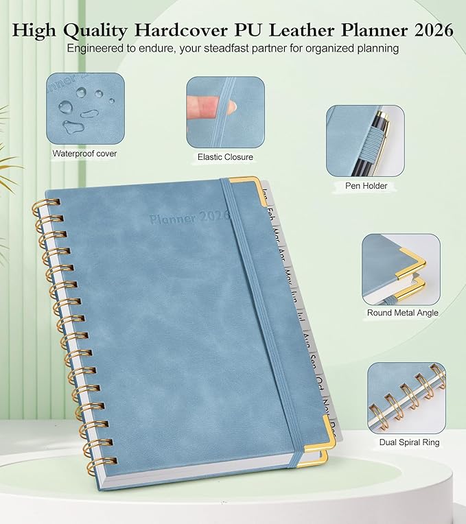 2026 Planner, Hardcover Leather Weekly and Monthly Planner, January 2026 - December 2026, Spiral Yearly Agenda Organizer Book 2026 with Tabs, Daily Calendar Planners for School Work Home, A4 (8.5" x 11"), Blue