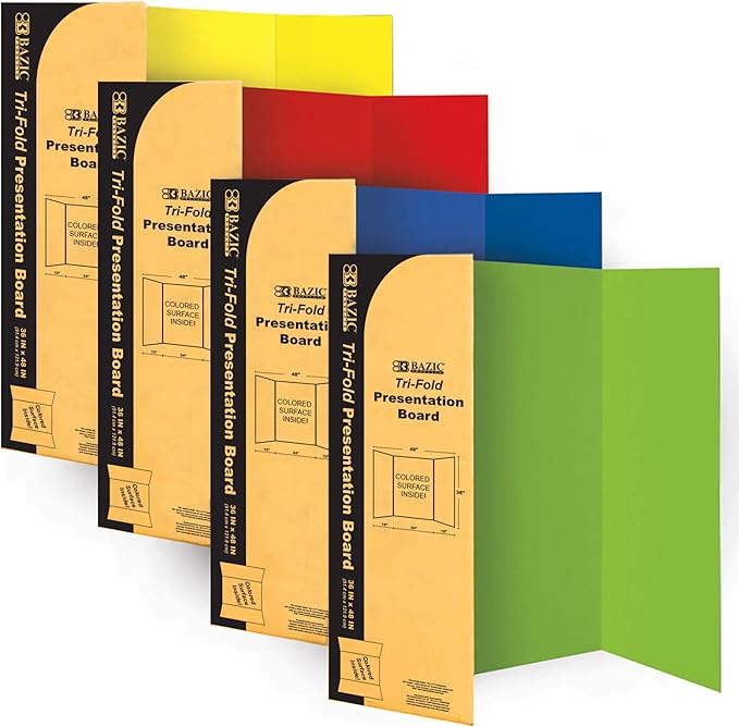 BAZIC Products Trifold Poster Board – Assorted Color Corrugated Cardboard Display Board for School Projects, Science Fairs, Photos, Charts, and Classroom Presentations, 36" X 48", 24-Pack