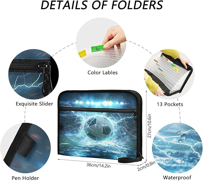 Football Lightning 13 Pocket File Organizer Expanding File Folder with Front Pouch Portable Business File Storage Document Organizer Folder with Zipper