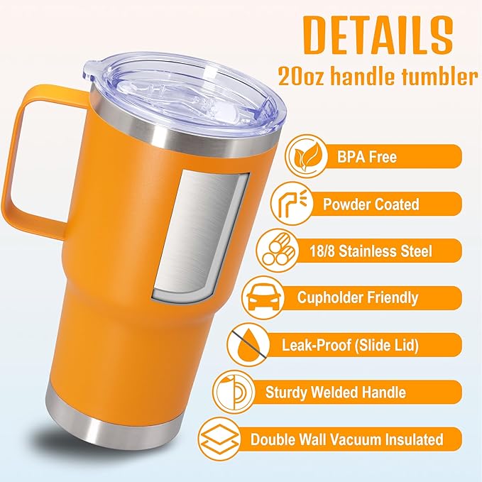 20 oz Tumbler with Handle and Lid, Stainless Steel Tumbler Insulated Travel Coffee Mug, Spill Proof Double Wall Vacuum Tumbler Cup Keep Drink Hot & Cold,Orange, 12 Pack