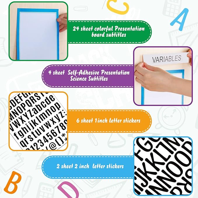PerKoop 36 Sheets Science Fair Board Poster Boards Supplies 24 Self Adhesive Presentation Subtitles 4 Science Fair Project Titles 8 Personalized Letter Sticker for Classroom(Blue)
