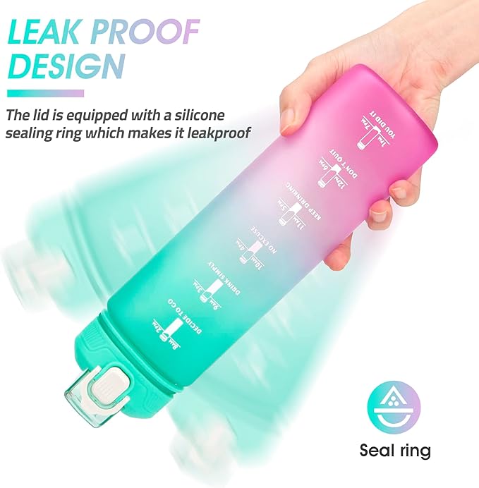 YC Kitchen Motivational Water Bottle with Time Marker- 32oz Water Bottles with Times to Drink, Leakproof & BPA Free Sports Water Bottle with Straw & Carry Strap for Fitness, Gym, and Outdoor Sports