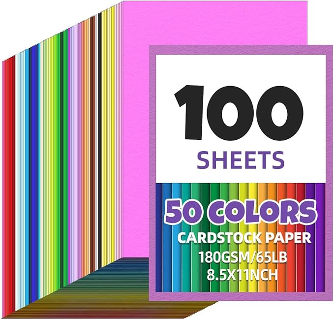 100 Sheets 8.5 x 11 Colored Cardstock,Assorted Colored Cardstock 50 Colors 180GSM/65LB Multicolor Construction Paper for DIY Crafts, School Supplies,Party Decorations (Mix color 100Pcs)