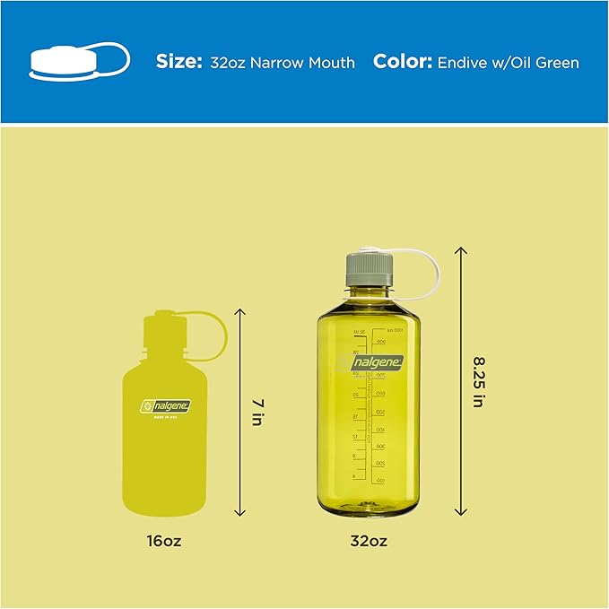 Nalgene 32 oz Narrow Mouth Water Bottle | BPA-Free, Durable & Leak Proof, Lightweight for Hiking & Gym – Thrill & Motion, Endive w/Oil Green