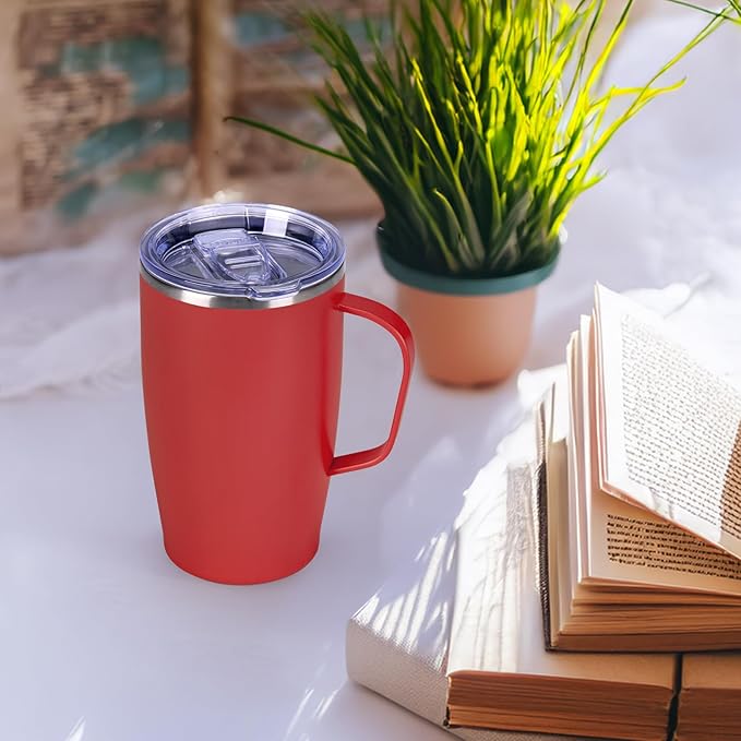 MEBRUDY 19oz Insulated Coffee Mug with Lid, Leak Proof Double Wall Vacuum Travel Coffee Mug with Handle, Red