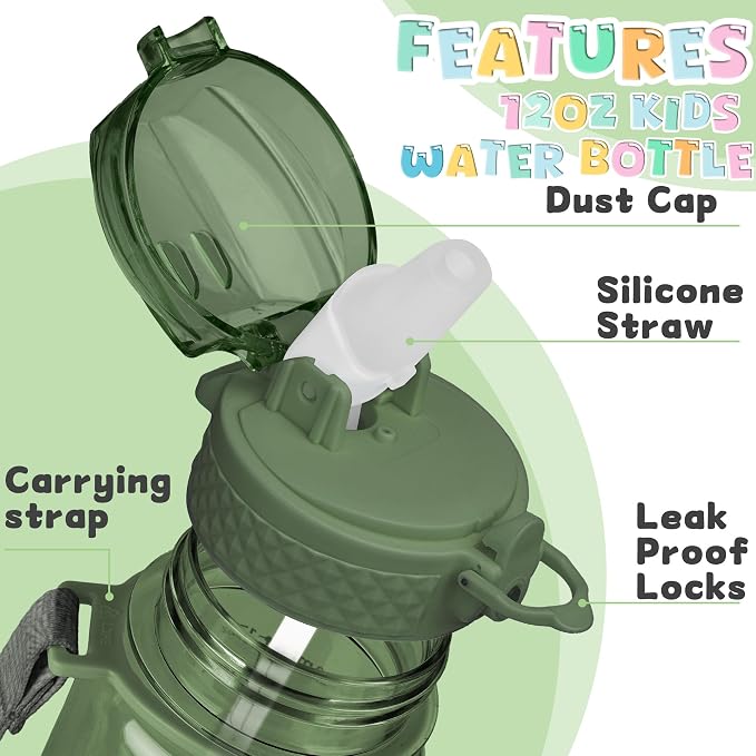 OLDLEY 17oz Kids Water Bottle, Tritan BPA-Free, Leakproof Flip Straw Lid, Motivational Time Marker, Carry Strap, Reusable Clear Water Bottle for Boys & Girls,Jade