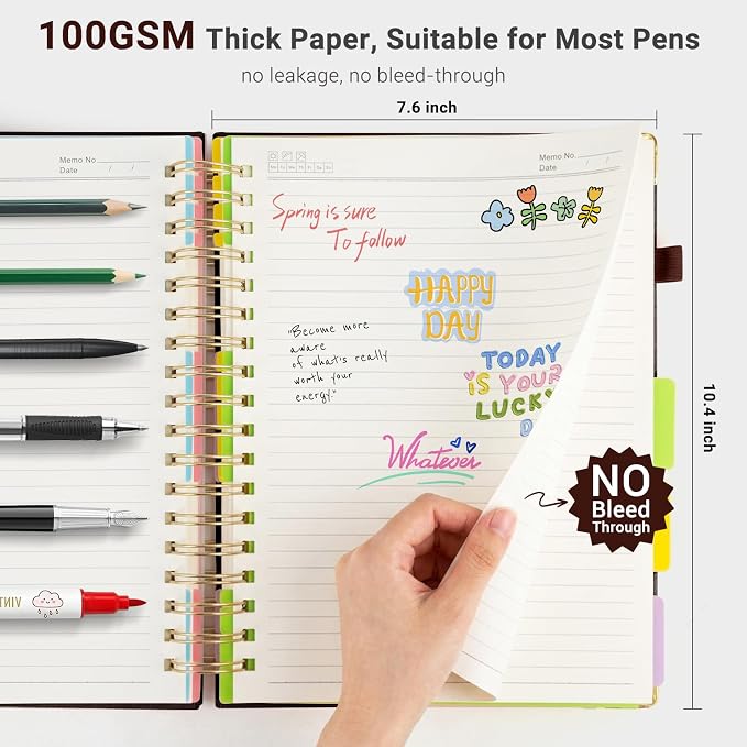 Hardcover Spiral Journal Notebook, 300 Pages 5 Subject Notebook College Ruled with Removable Dividers Tabs, 8" x 10" Notebooks for Work, Spiral Ruled Lined Writing Journal Hardcover Leather Notebook for School (Brown, 8''x 10'')