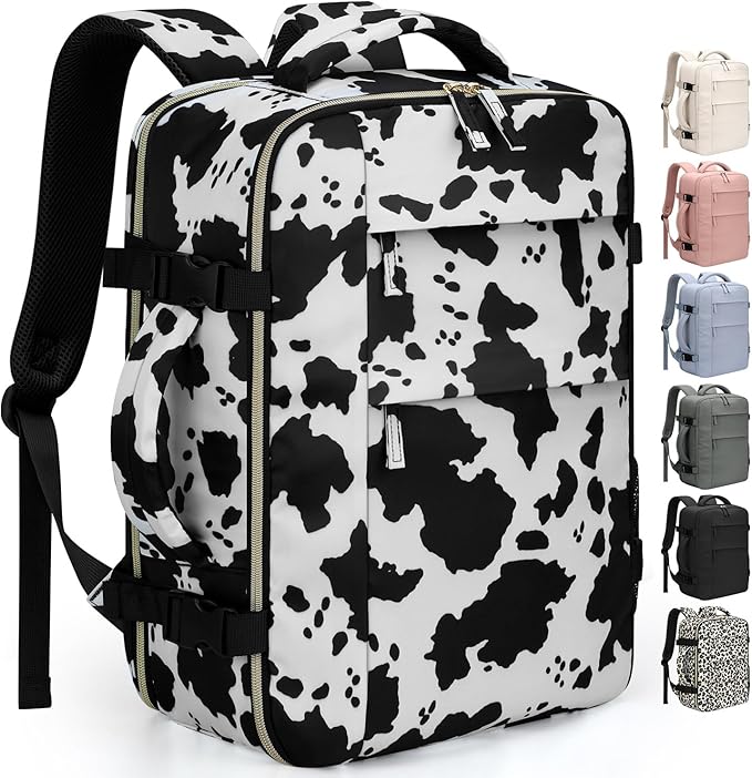 Pritent Travel Backpack for Women Man, Waterproof Personal Item Travel Bag Airline Approved Laptop Backpack Bookbag Weekender bags for Business,Travel, Work Fits 15.6 inch Laptop(Medium,Cowprint)