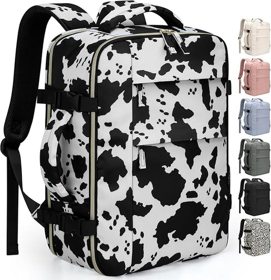 Pritent Travel Backpack for Women Man, Waterproof Personal Item Travel Bag Airline Approved Laptop Backpack Bookbag Weekender bags for Business,Travel, Work Fits 15.6 inch Laptop(Medium,Cowprint)