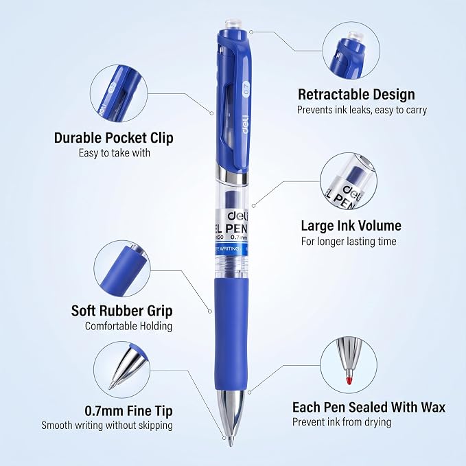 deli Gel Pens, 100 Pcs 0.7mm Retractable Pens Blue Ink | Medium Point Pen, Smooth Writing, Fast Dry, No Bleed for Journaling Note Taking, Home School Office Supplies