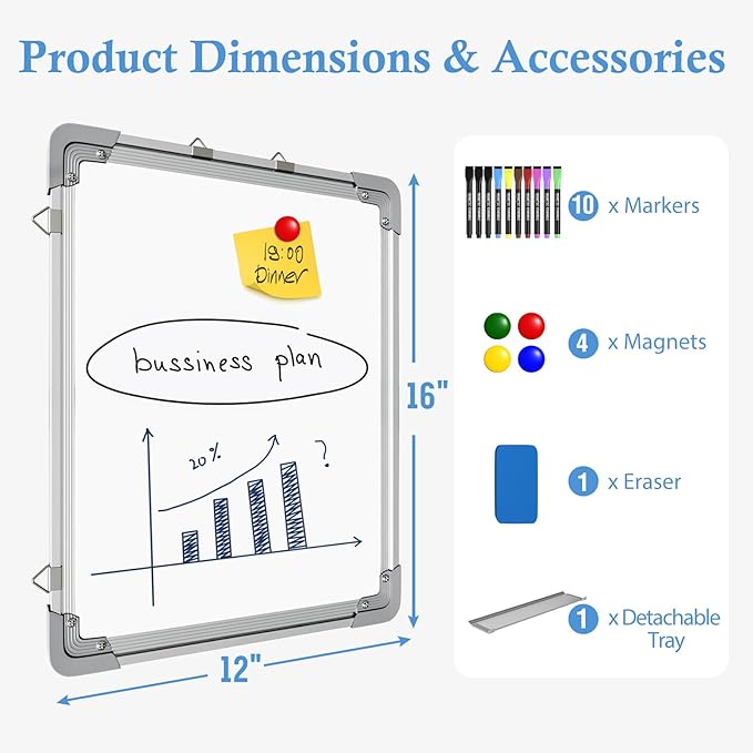 White Board Dry Erase, 12" x 16" Magnetic Whiteboard Double-Sided Dry Erase Board, 10 Markers, 4 Magnets, 1 Eraser, Portable Small Whiteboards for Adults School Office Home