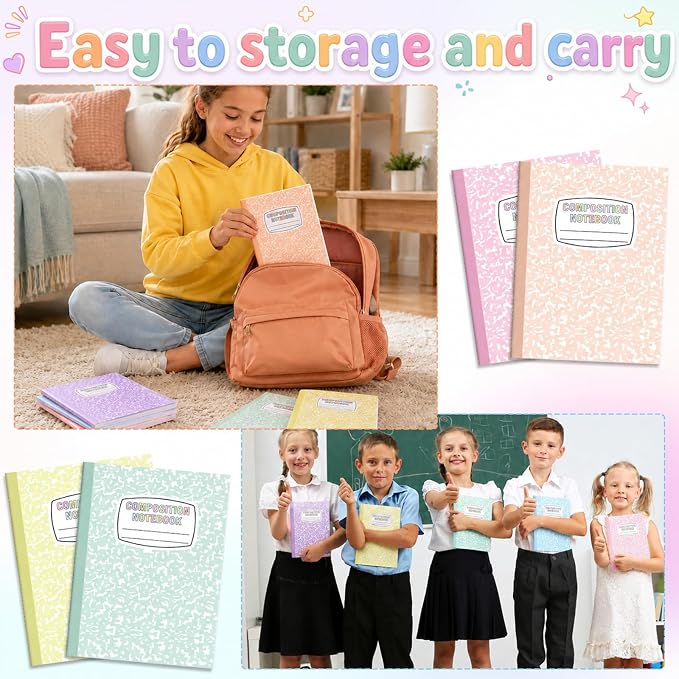 6 Pack Large Composition Notebooks Bulk 9.8 × 7.5 in Wide Ruled Hard Cover Composition Book Assorted Marble Journal College Ruled Paper for Adult Student College Office Back to School Supplies(Pastel)