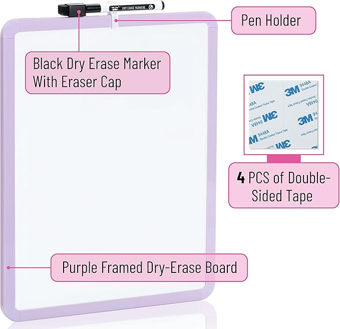 Mr. Pen- Dry Erase Board, 14” x 11” with a Black Dry Erase Marker, Purple Frame, Small Mini White Board for Students, Fridge, Wall, Locker, Includes Double Sided Tapes