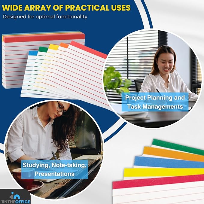 1InTheOffice Index Cards 3x5, Ruled Index Cards, Flash Cards, Assorted Colors, 300 Pack