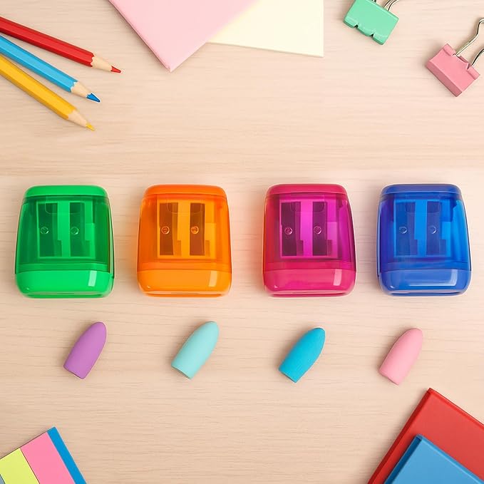 Pencil Sharpener Set (8 Pcs) – 4 Dual Hole Manual Sharpeners + 4 Pencil Top Erasers, Portable Pencil Sharpeners for Kids, Students & Teens, Colored & Jumbo Pencils, School & Classroom