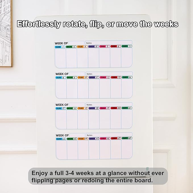 4 pack weekly fridge calendar Magnet rotate by week,reusable rotating Dry Erase calendar Planner magnetic to keep track of work and school schedules,13.9 x 4.9 inch