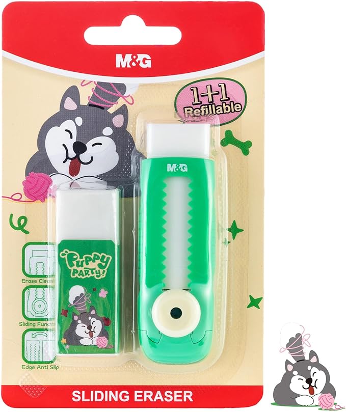 M&G 1+1 Pack Green Sliding Retractable Cute Eraser Set, Refillable Soft Large Rubber Eraser with Sleeve for Kids Students School Office Supplies