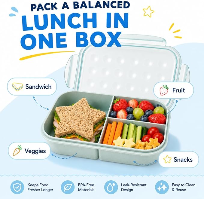 MISS BIG® Bento Lunch Box for Kids, 1150ml, 3 Compartments, Slate Blue | Slate blue 1150ml kids lunch box for school, daycare, snacks, light meals, picnic, and travel.
