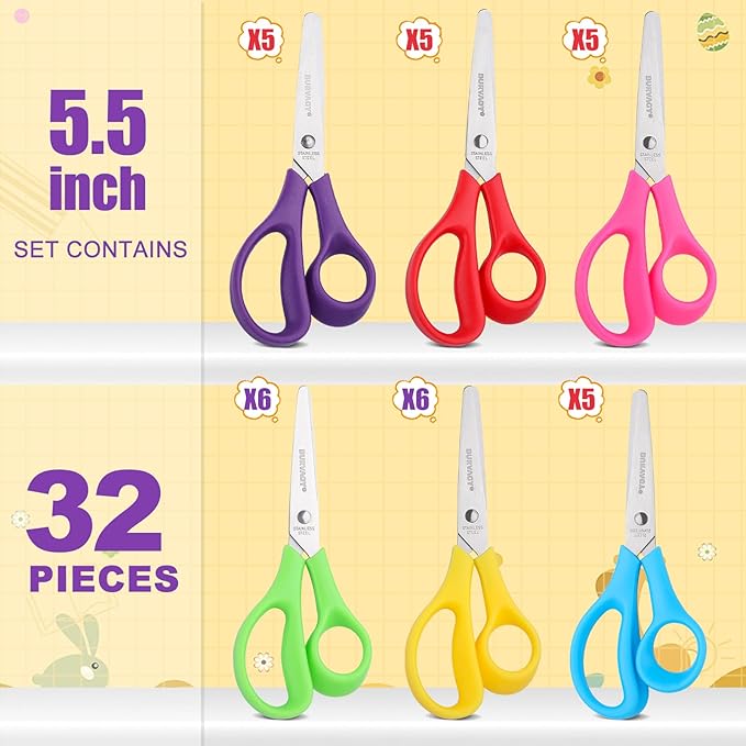BURVAGY 32Pack 5.5" Safety Small School Kids Student Round Blunt Tip Craft Scissors Bulk, Stainless Steel Blades Comfort Grip Scissors for Kid Children Kindergarten Cutting Paper