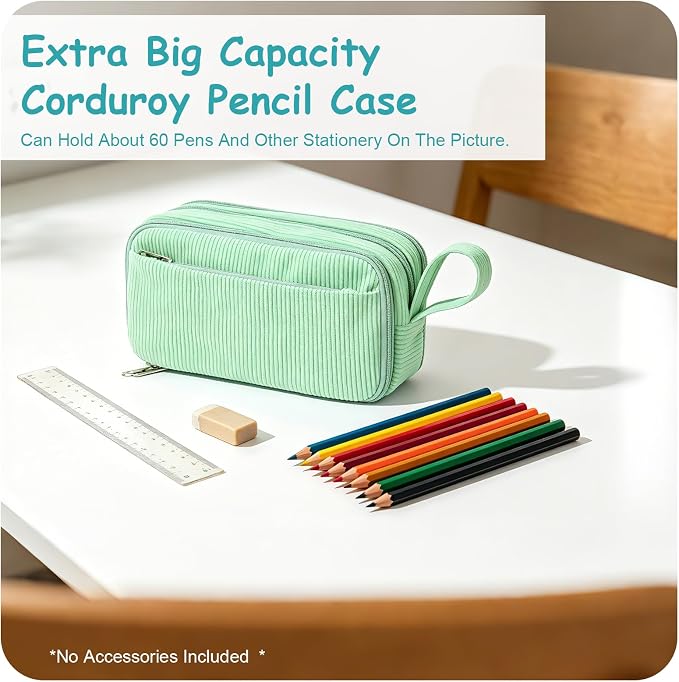 BuyCard Big Capacity Pencil Case, Corduroy Fabric, White with Mint Green Floral Pattern, Pencil Bag with Zipper Closure, Graduation Gift Office Stationery Storage Pen Pouch