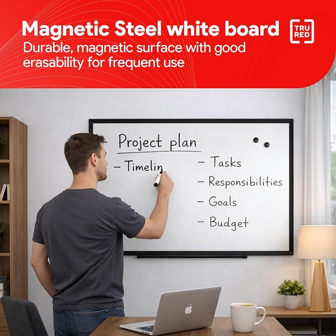 TRU RED Steel Magnetic Whiteboard | Dry Erase Board for Wall, White Board with Black Aluminum Frame, 3 ft x 2 ft