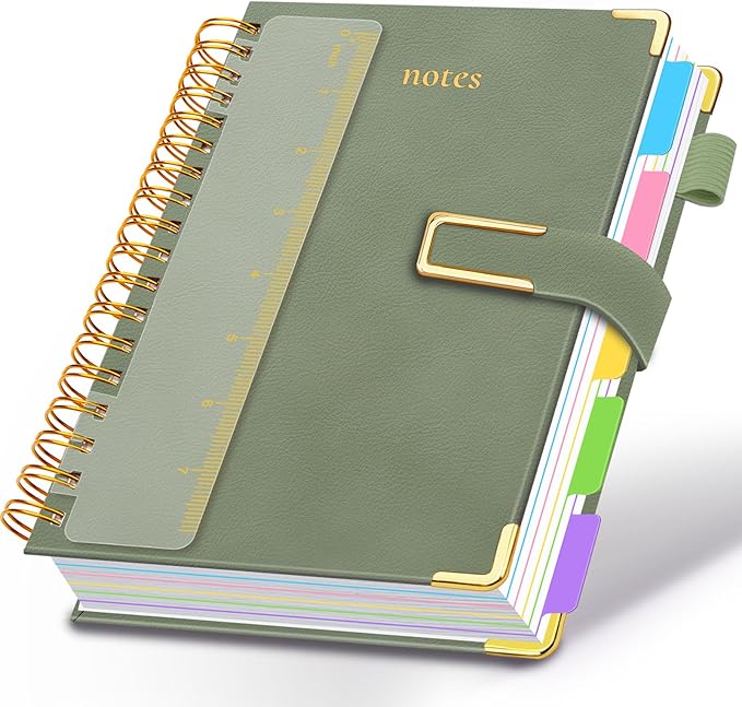 Hardcover Spiral Notebook College Ruled, 6.2"x 8.2" Leather Journal Notebook with Magnetic Closure, 300 Pages 5 Subject Notebook with Dividers Tabs Journal for Women Men, Work, School(Sage Green)
