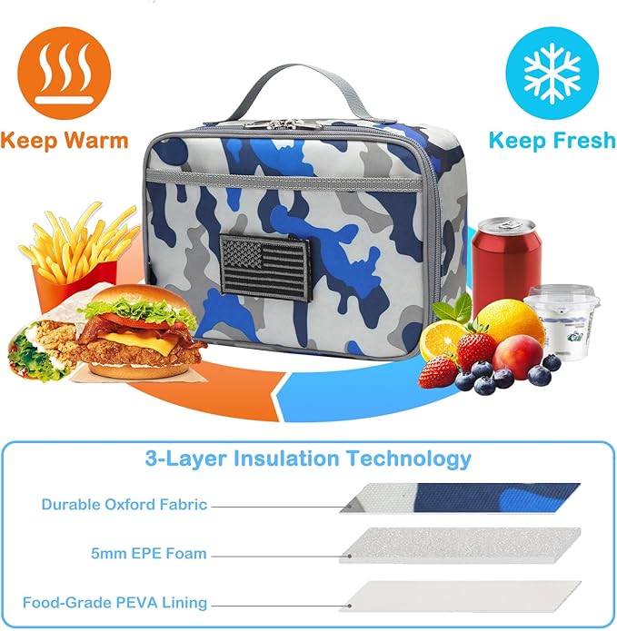 FlowFly Kids Lunch box Insulated Soft Bag Mini Cooler Back to School Thermal Meal Tote Kit for Girls, Boys, Flag