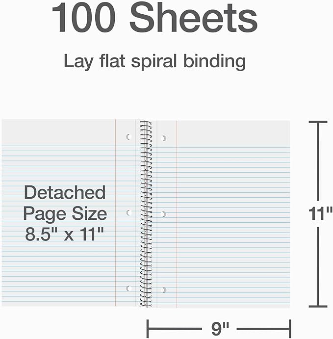 Oxford 1 Subject Spiral Notebook, Notebook for School, Plastic Covers, Back to School Supplies, College Ruled, 100 Sheets, 5 Pack, Assorted Primary Colors: Black, Blue, Red, Green and Yellow (1009289)