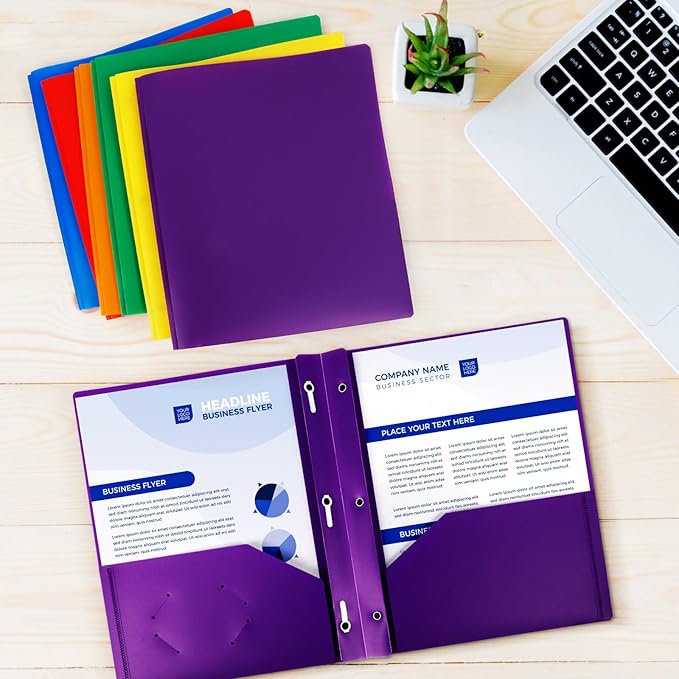 72-Pack Plastic Folders with Pockets and Prongs,2-Pocket Folders with 3 Fasteners, Holds 8-1/2" x 11" Paper for School/Office/Home, Purple