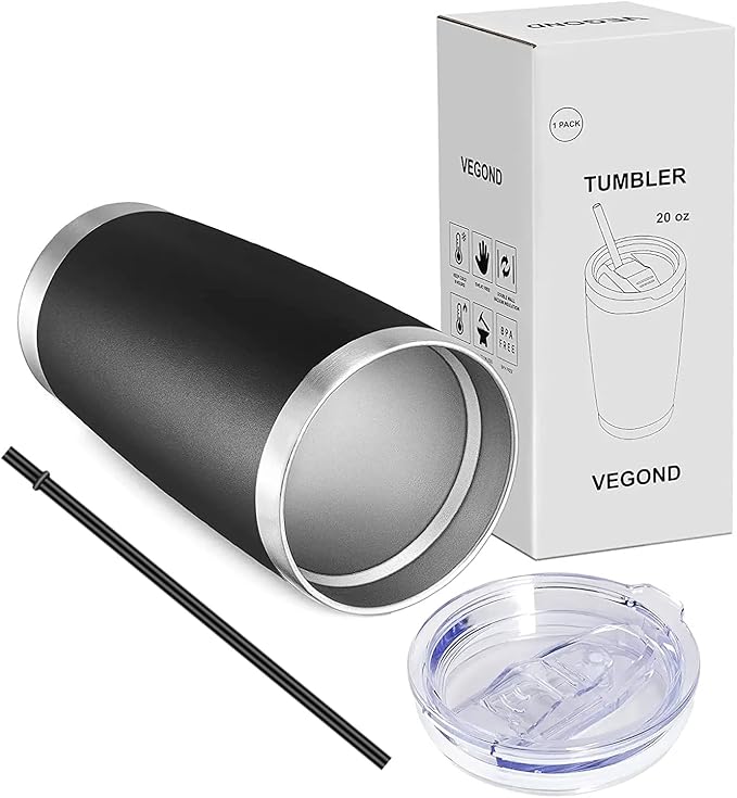 VEGOND 20oz Tumbler with Lid and Straw Stainless Steel Tumbler Cup Vacuum Insulated Double Wall Travel Coffee Mug Powder Coated Coffee Cup, Black, 1 Pack