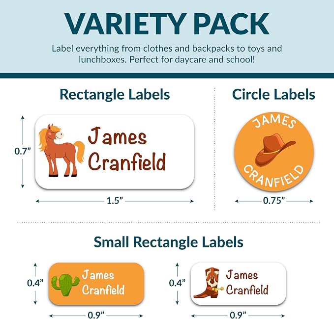 Personalized Waterproof Name Labels for Kids | Optional Packs 50, 150, 230 Labels | Custom Name Stickers for Kids' Clothing Tag, Water Bottle, Lunch Box, Customize Kid Name Label for Daycare Cowboy