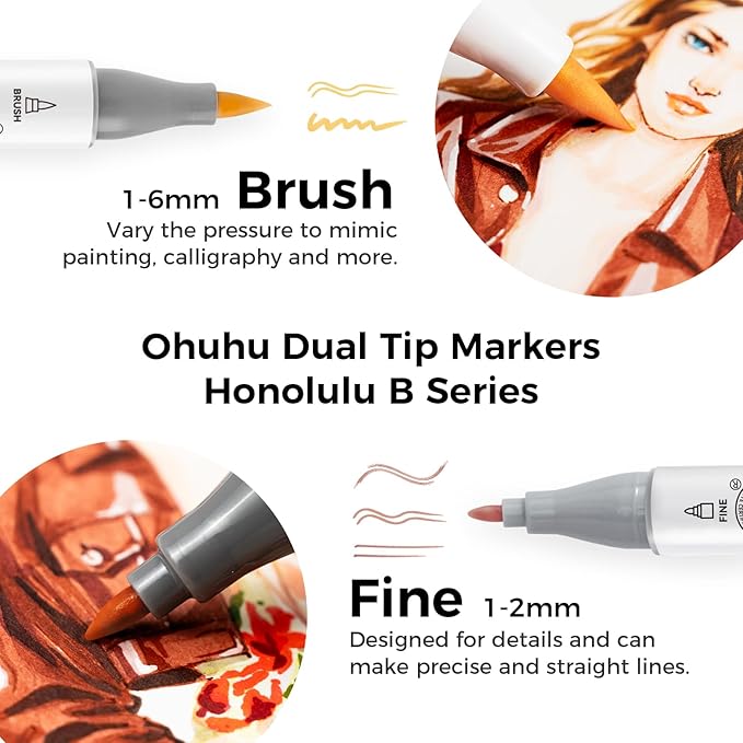 Ohuhu Skin Tone Alcohol Markers Brush Tip - 36 Portrait Skin Color Markers for Artist Adults Coloring Illustration - Fine and Brush Dual Tips - Honolulu B - Refillable - AP Certificated