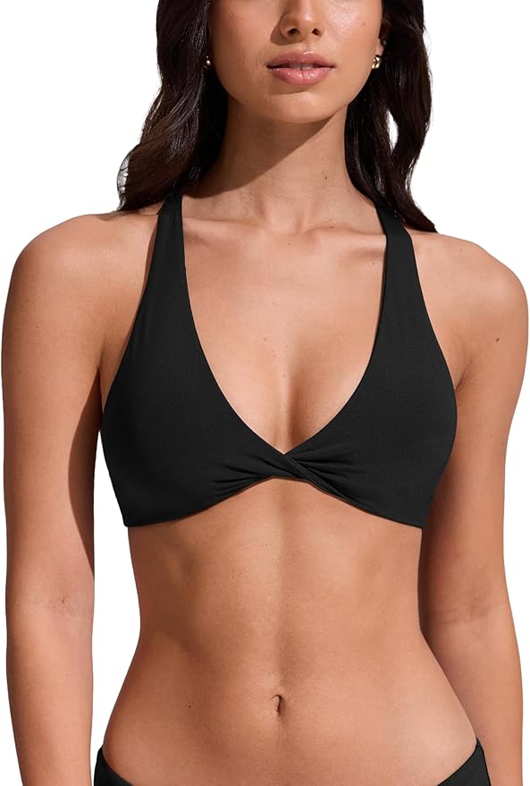 CRZ YOGA Twist Front Bikini Tops for Women - Padded V Neck Criss Cross Back Triangle Sexy Swim Bathing Suit