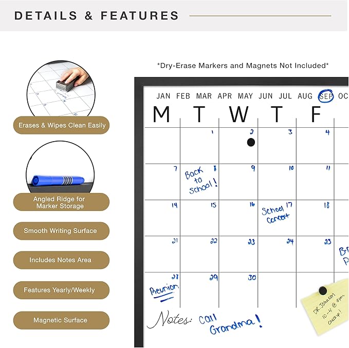 MCS Dry Erase Calander 24x24 Black Framed Monthly Calendar for The Wall, Stay Organized with Family Planner for Appointments, Sports, Events & More