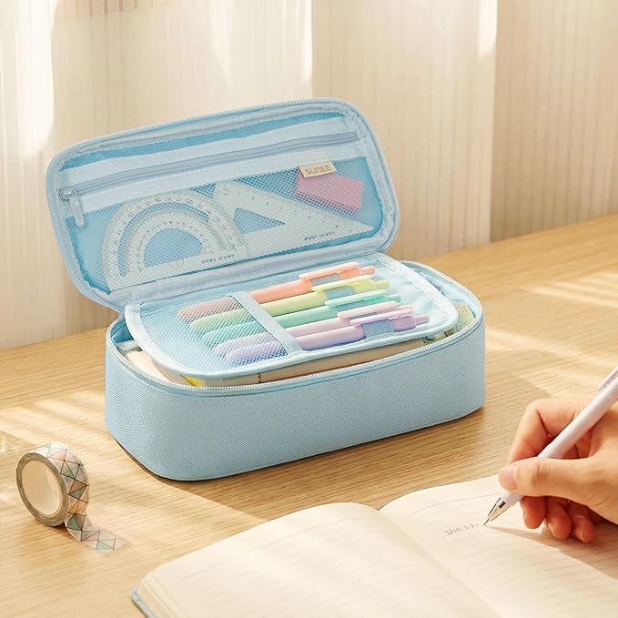 SUNEE Cute Pencil Case, Large Capacity Pencil Pouch, Big Storage Organizer for Stationery, Zipper Pen Bag, Back to School Supplies, Office Organizer Makeup Bag, for Teen Girl Boy Men Women, Blue