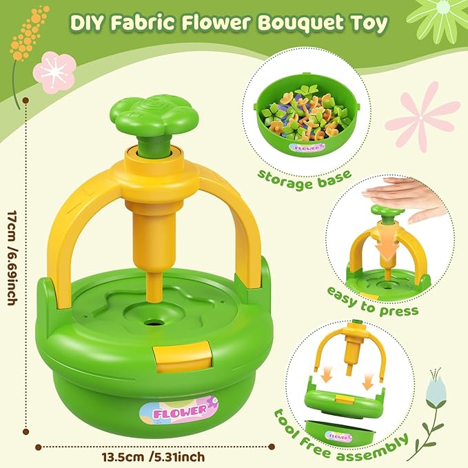 Flower Bouquet Making Kit for Kids Ages 4-8—DIY Arts and Crafts Toy, Build Your Own Flower Arrangement, Flower Press Craft Kit, Handmade Bouquet Birthday Gift for 3 4 5 6 7 8 9 Year Old Girls-[Green]