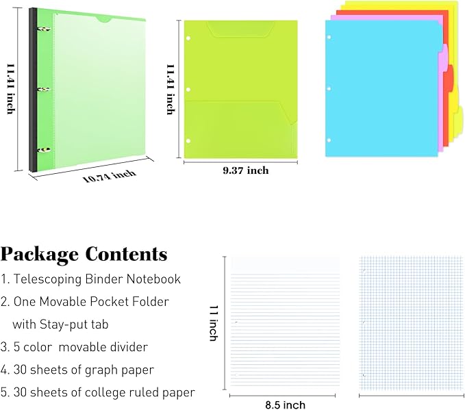 INFUN All-in-one Telescoping Binder Notebook ，Refillable 3 Ring Notebook Binder with 1 plastic movable pocket folder,5 plastic subject dividers and graph paper and college ruled paper - Green