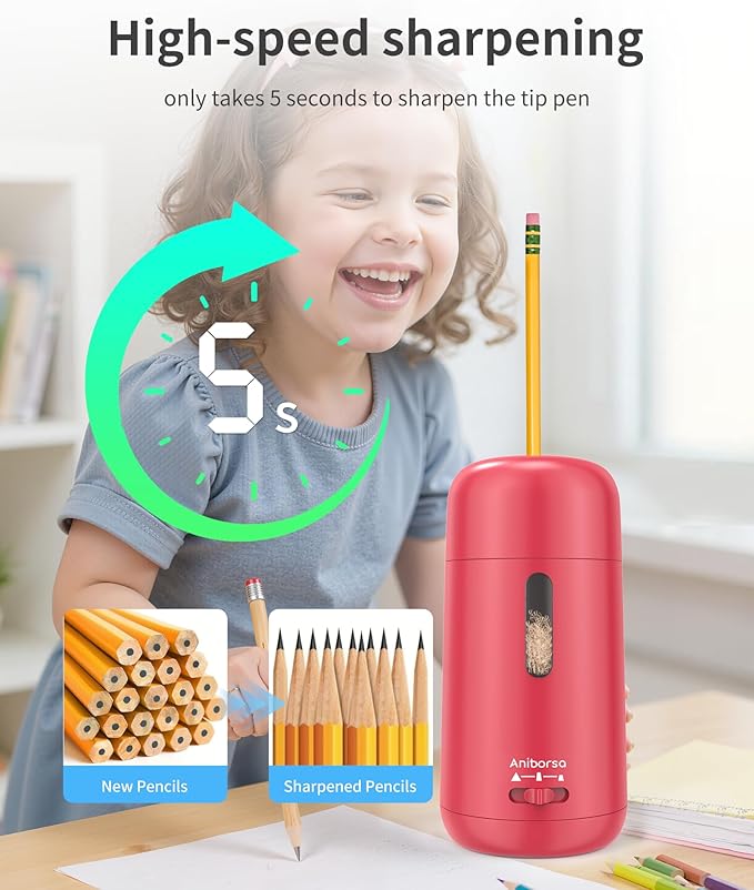 Automatic Electric Pencil Sharpener - Auto Feed, Auto Stop & Auto Eject, Rechargeable for Classroom, Home, School, Office, Rose Red
