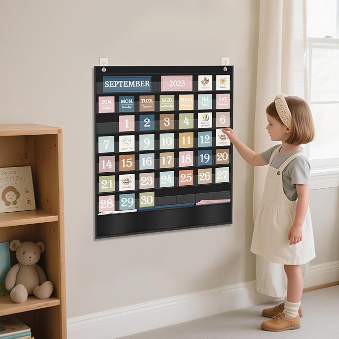 Boho Classroom Calendar Pocket Chart with 110 Cards, Calendar and Weather Pocket Chart for Early Learning, Homeschool and Kindergarten, Large Size 24.5" x 20"